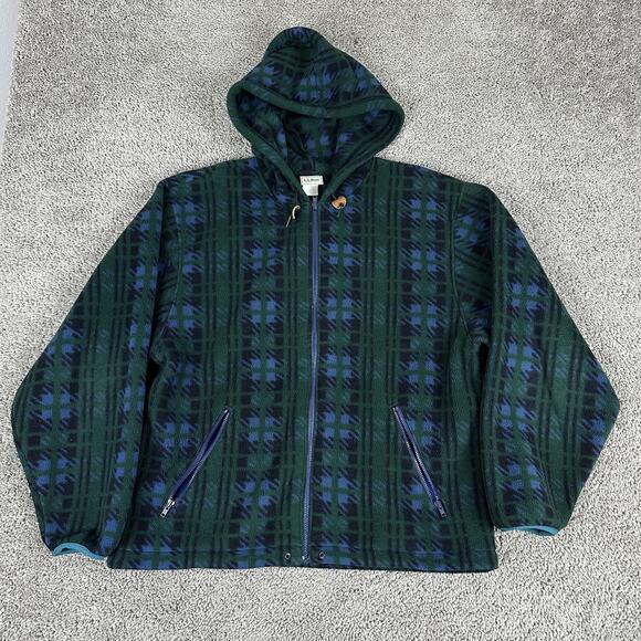 Vintage L.L.Bean Fleece Jacket Mens Large Green Blue Tartan Hooded Full Zip 90s - Picture 1 of 16